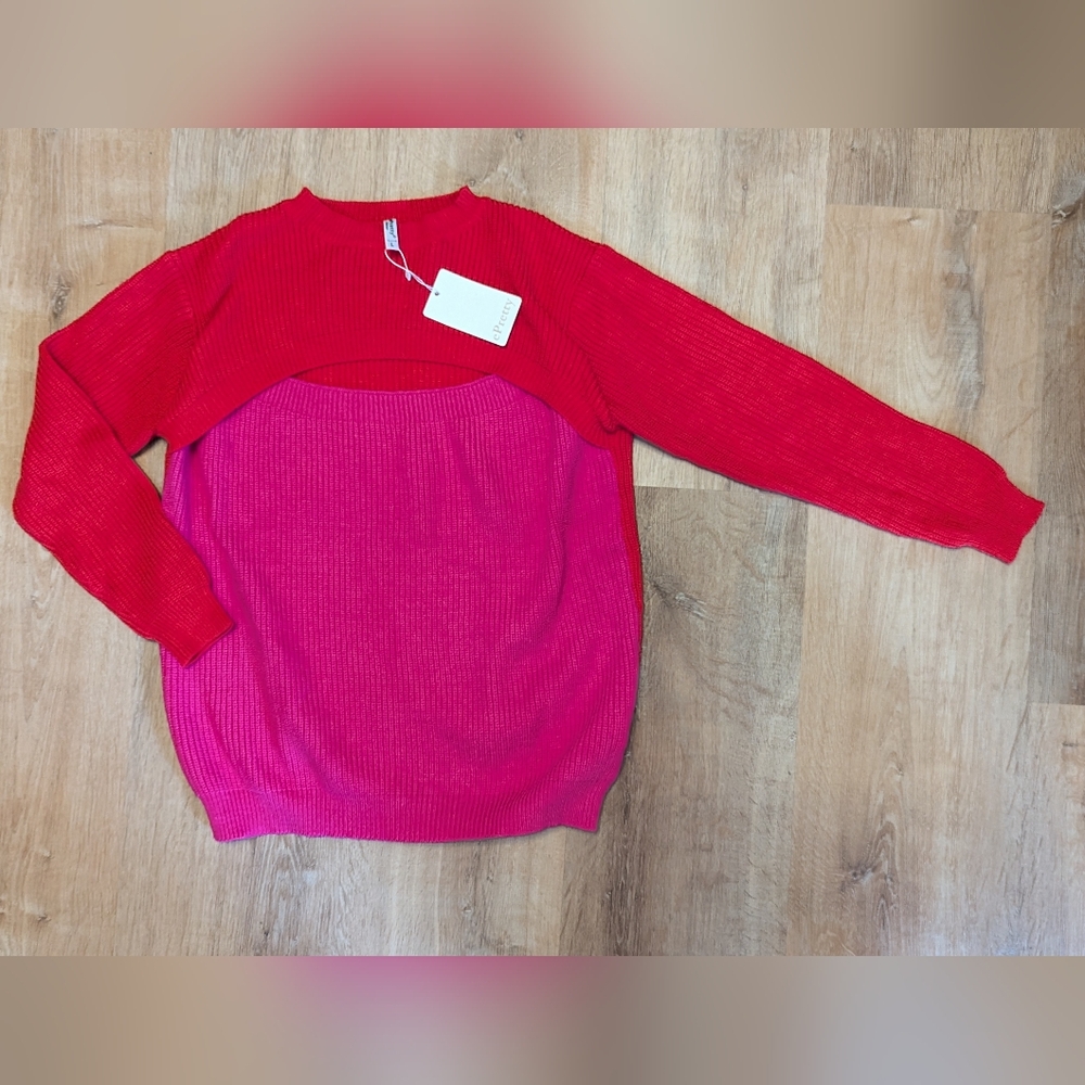 ePretty Vibrant Red and Pink Keyhole Knit Colorblock Sweater Large